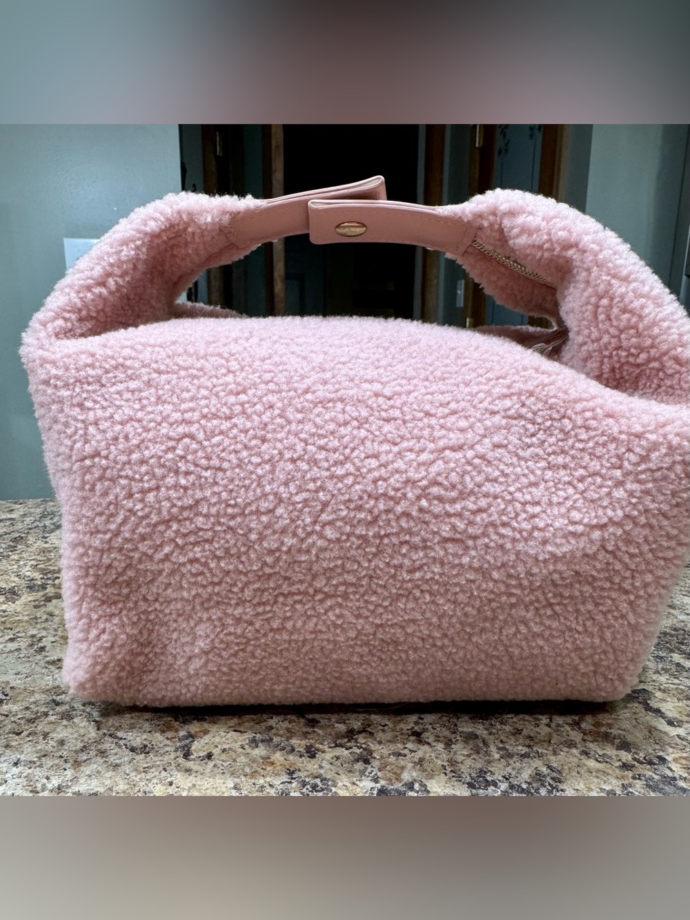 Plush Teddy Shearling Top-Handle Coametic Pouch/Bag in Blush Pink NWOT